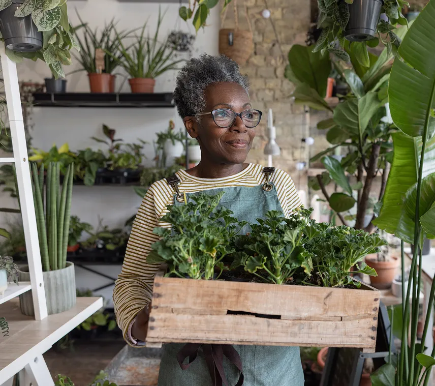 Plant shop owner opening for business, holding a box of plants